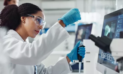 glass vial, pipette and woman scientist in laboratory for medical study, research or experiment test tube, dropper and professional female person with chemical liquid for pharmaceutical innovation