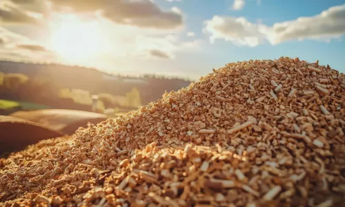 a pile of finely chopped wood chips ready for biomass energy production copy space